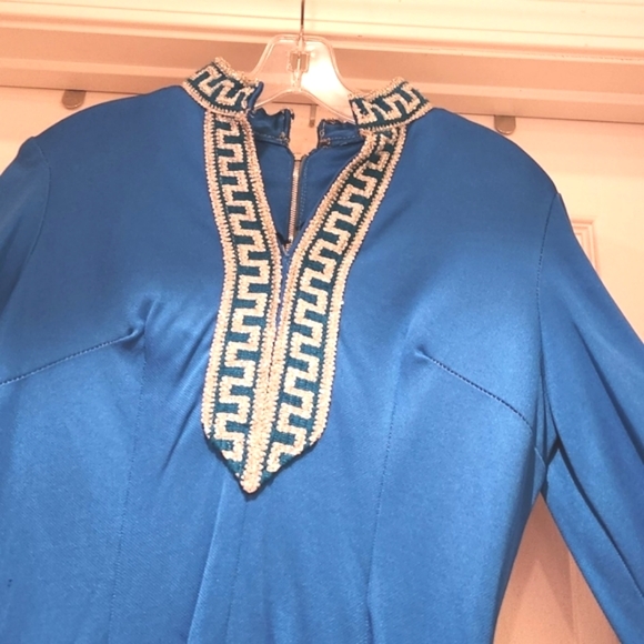 70s Twiggy MOD Zip Hi Neck Sparkly Greek Key Trim Star Trek Vin Mini Dress OO - Picture 7 of 16